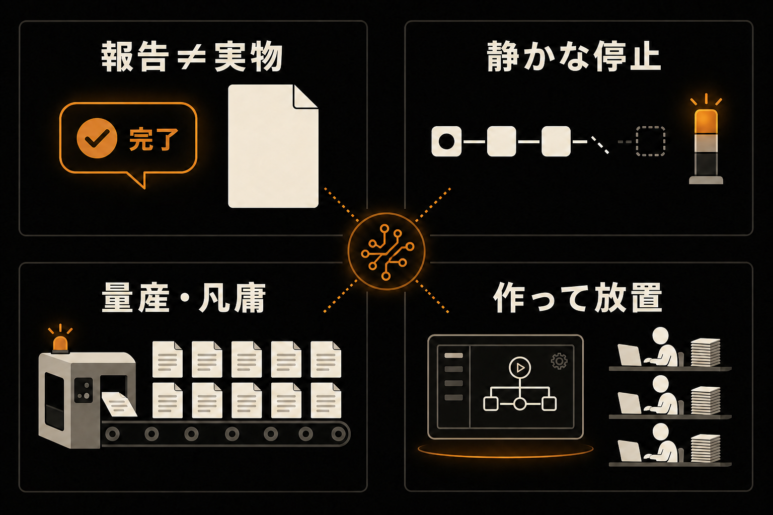 AI導入でうちが踏んだ4つの失敗。報告が実物と食い違う・止まっても気づかない・量産したが使えない・作っても使わない、の4分類を示す図