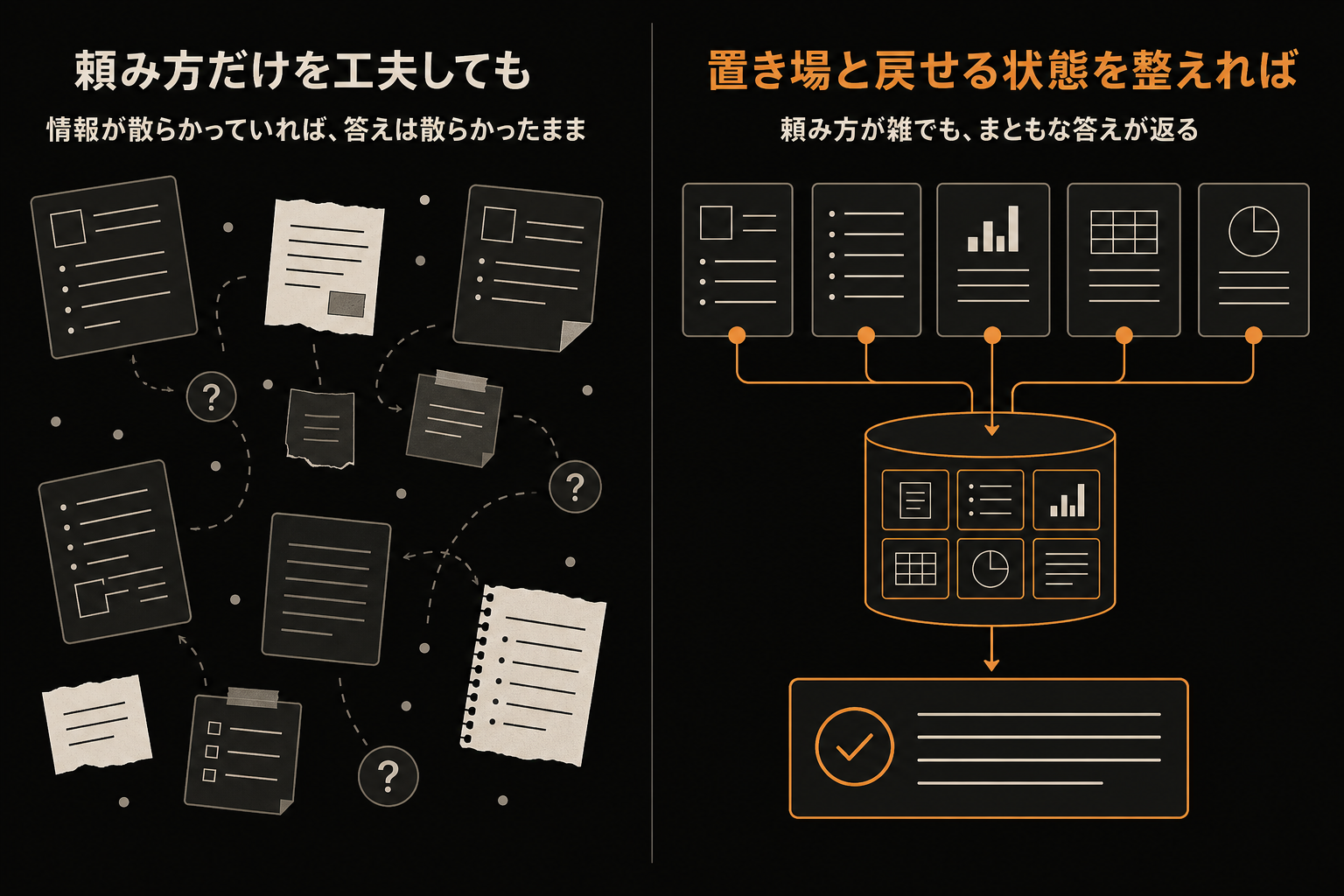頼み方を工夫しても情報が散らかっていれば答えは散らかったまま、逆に置き場と戻せる状態を整えれば頼み方が雑でもまともな答えが返る、という対比を示す図