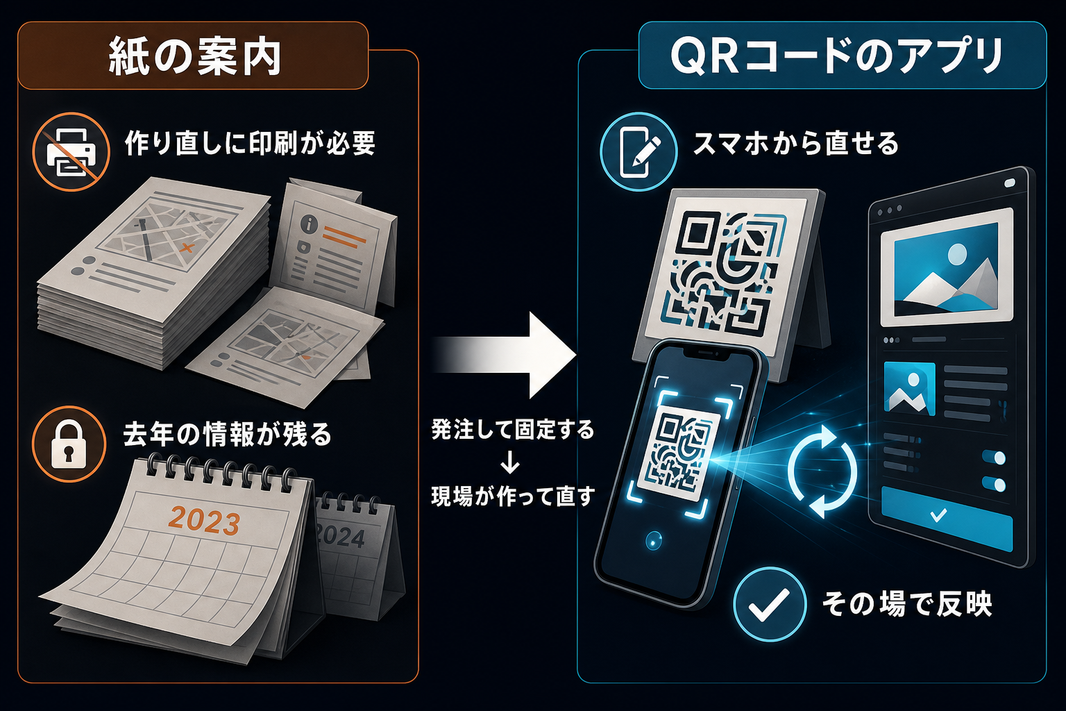 紙の案内とQRコードのアプリの対比図