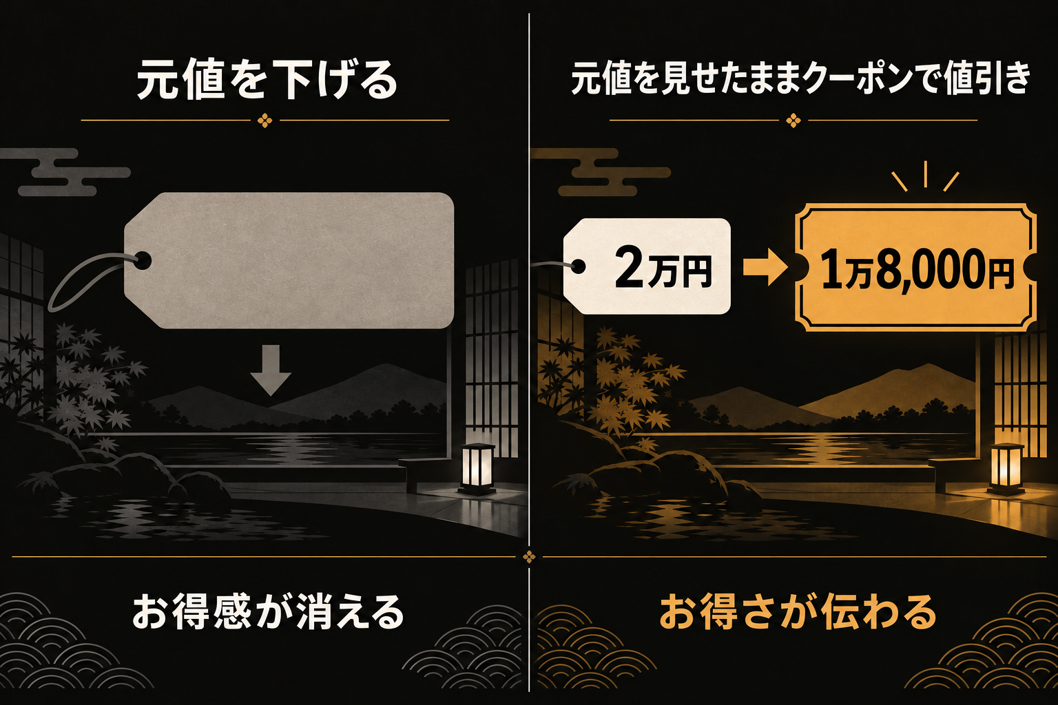 値引きの出し方の対比図。元値そのものを下げるとお得感が消える。元値の2万円を見せたままクーポンで1万8,000円にするとお得さが伝わる