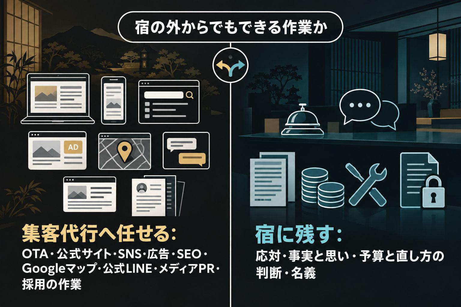 集客代行に任せる仕事と、宿に残す仕事の線引き。任せるのは9つの施策の作業、宿に残すのは応対・事実と思い・予算と直し方の判断・名義の4つ