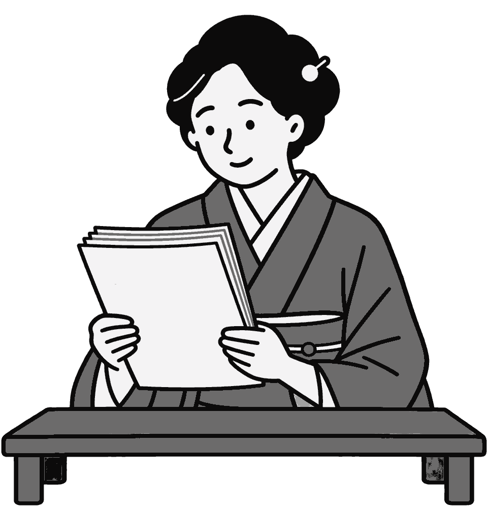 印刷したマニュアルを机で読む女将のイラスト