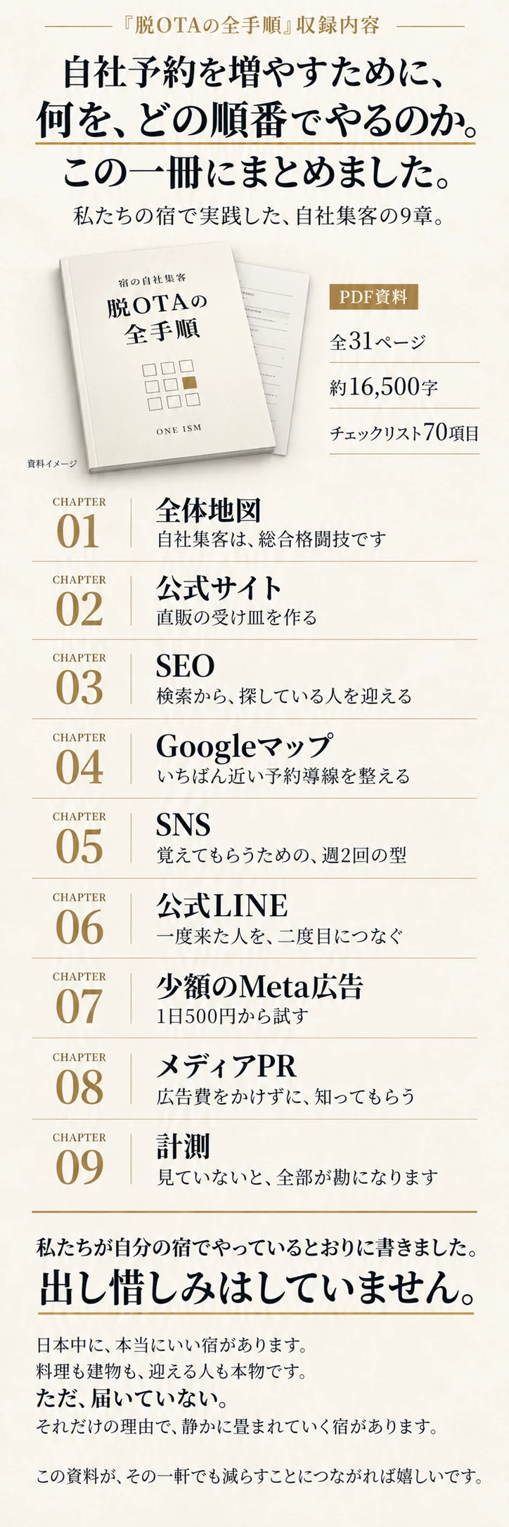 資料イメージ。脱OTAの全手順、PDF全31ページ・約16,500字・チェックリスト70項目。