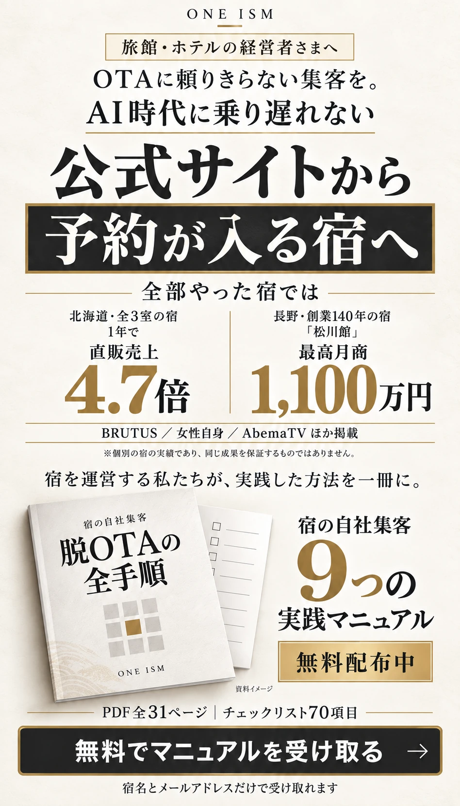 旅館・ホテルの経営者さまへ。直販売上4.7倍、最高月商1,100万円の実績。BRUTUS・女性自身・AbemaTVほか掲載。宿の自社集客9つの実践マニュアル『脱OTAの全手順』を無料配布中。PDF全31ページ・チェックリスト70項目。個別の宿の実績であり、同じ成果を保証するものではありません。